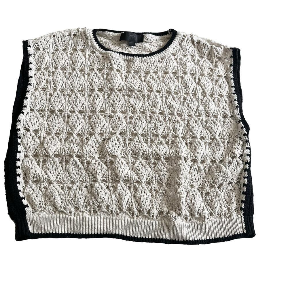 Zara Cream Black Trim Crochet Open Knit Boxy Vest Size Small Boho Chic Top